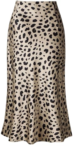 Keasmto Leopard Skirt for Women Midi Length High Waist Silk Satin Elasticized Cheetah Casual Ladies Skirts - Image 3