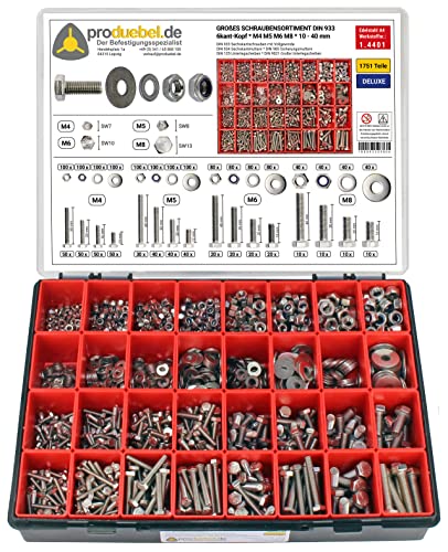 Großes Schrauben-Sortiment DIN 933 M4/M5/M6/M8 Edelstahl A4 V4A (DIN933+934+985+125+9021) 1751-tlg (Deluxe-Box)