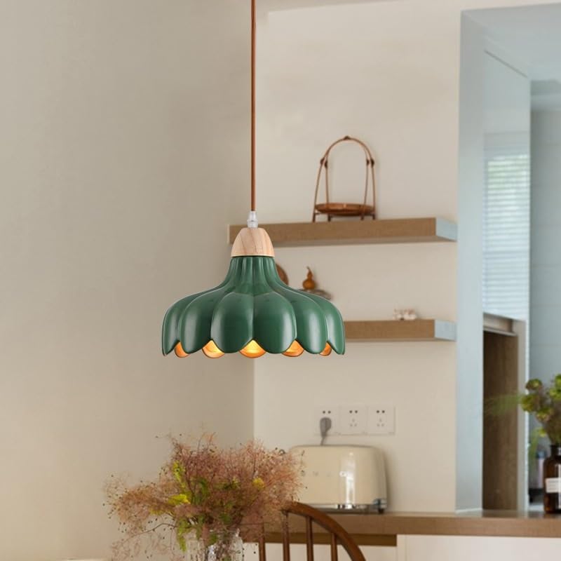 Miniatura 3 de Mid Century Kitchen Island Pendant Light, Vintage Flower Shape Ceiling Hanging Lighting, Green Ceramic Shade Chandelier with Wood Finish for Dining
