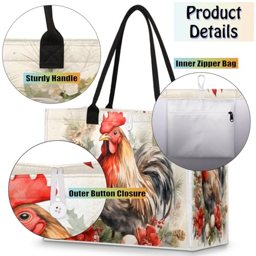 Watercolour Berry Flower Rooster Tote Bag for Women Large 16.5x13x6.7 Inch Shoulder Bag with Zipper Pocket Felt Work Bag for Laptop Travel Shopping Beach Pool4