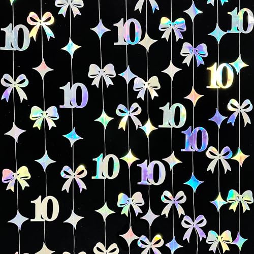 Image of Iridescent 10th Bow Birthday Decorations Glitter Conquette Bow Garland Streamer Banner Backdrop for Girls Boys Happy 10th Birthday Double Digits Cheers to 10 Years Old Anniversary Party Supplies