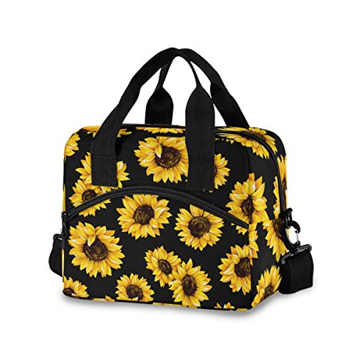 Lunch Bag Insulated Shoulder Lunchbox Handbag Tote Bags Reusable Cooler Containers Organizer School Outdoor for Women Men Girls Boys Kids Black Sunflower