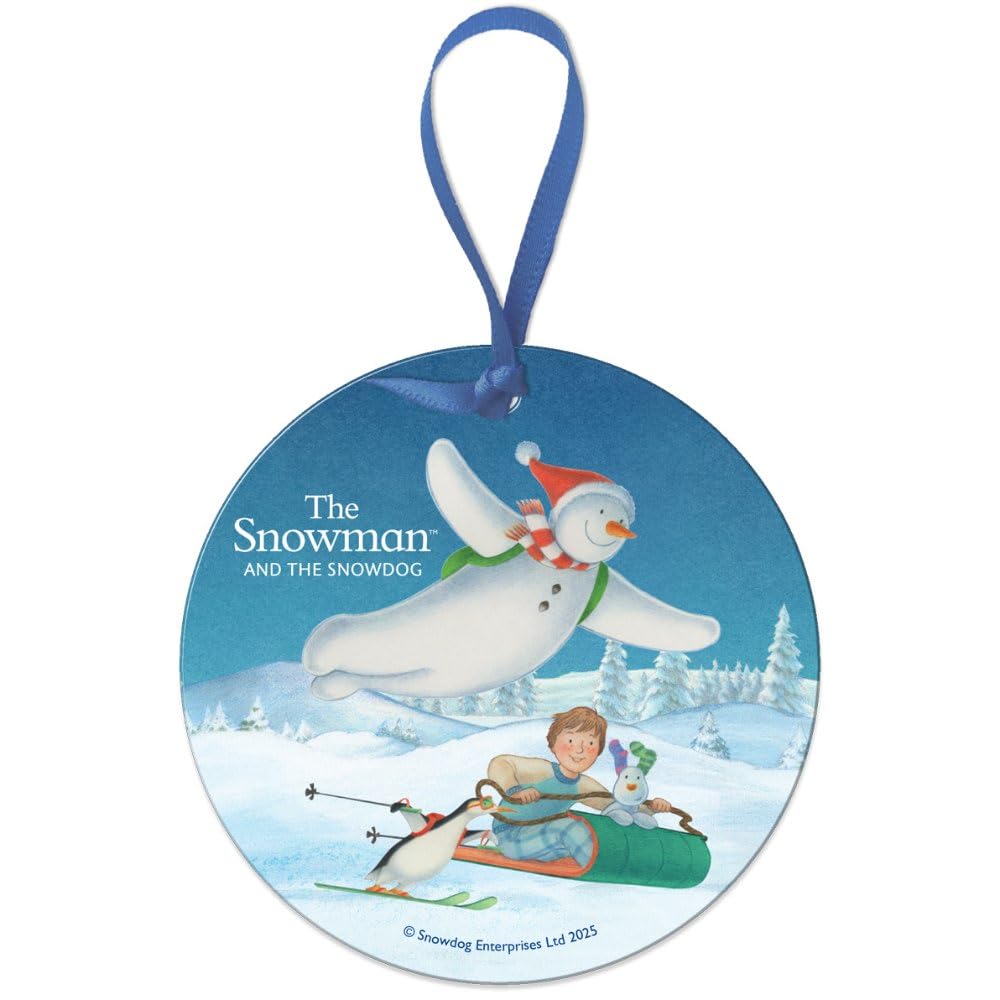 Round Metal Dangler Ornament Sign (75 mm Diameter) - The Snowman and the Snowdog (Sledging)