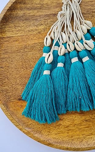 Image of Zippy Flora Handmade Cotton Tassels with Cowrie Shells for DIY & Crafts Project, Pack of 10 (Aqua Blue)