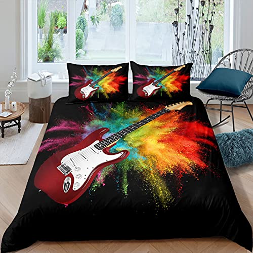 Homewish Guitar Duvet Cover King For Kids Teens Adults,Rock Music Theme Bedding Set Hip hop Electric Guitar Comforter Cover Rainbow Tie Dye Bedspread Cover With 2 Pillow Cases Black