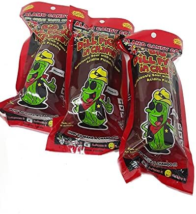 Alamo Candy Big Tex Dill Pickle In Chamoy - Three Pickles - Individually Wrapped - Made In San Antonio, Texas - Large Pickles