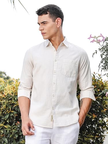 Image of Thomas Scott Men's | Solid | Premium Linen Blend | Spread Collar | Summer Wear | Long Sleeve | Shirts for Men