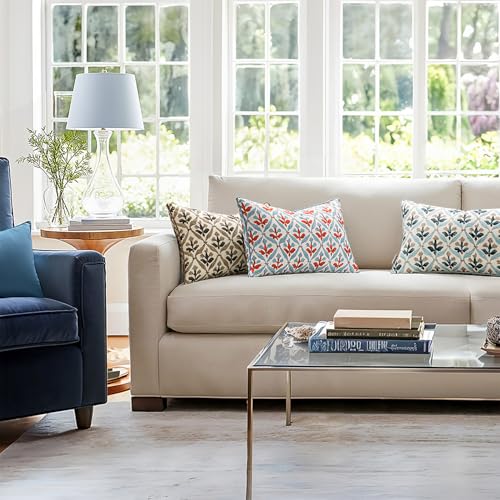 Image of MIULEE Pack of 2 Decorative Outdoor Waterproof Throw Pillow Covers Flower Print Chic Boho Accent Pillow Covers for Square Garden Patio Cushion 12x20 Inch, Blue-Rust