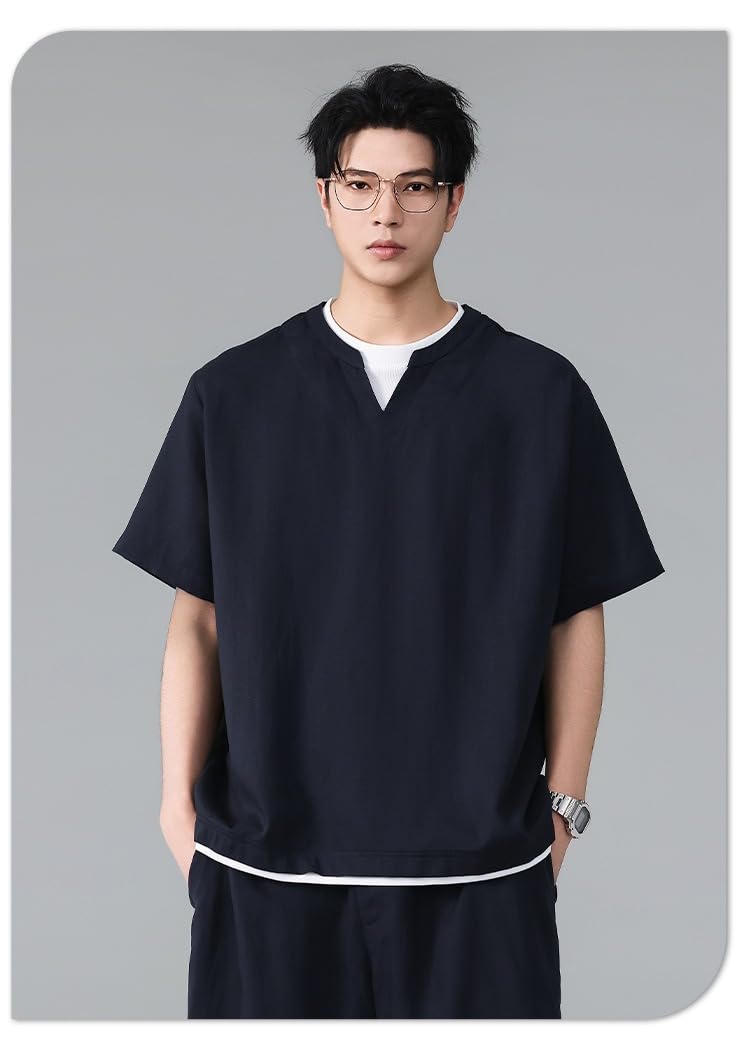 Men's Summer Tencel Linen Lightweight Short Sleeve Set Casual Shorts 2 Piece Outfit