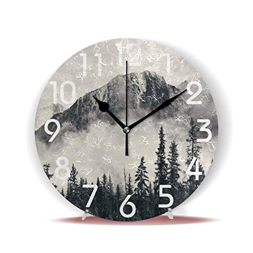 Zzwwr Chic Banff National Park Foggy Mountains And Forest Round Wall Clock, 9.5 Inch Battery Operated Quartz Analog Quiet Desk Clock For Home,Office,School #TOP1