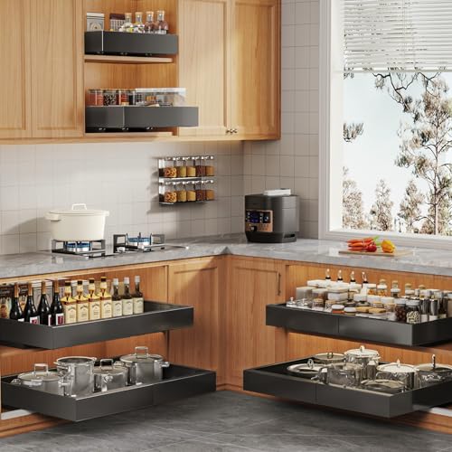 4 Pack Expandable Pull Out Cabinet Organizer 21"Deep With Raising Pad for Framed Cabinets,Upgrade 3 Slide Rails Slide Out Drawers,No Drill Roll Out Shelves,Adjustable Width 15.1"-26.3" Black