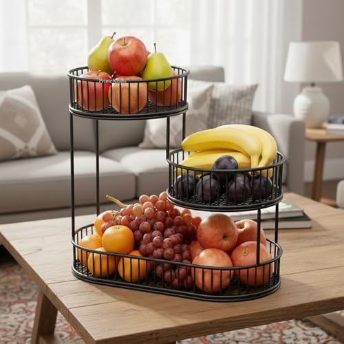 Image of 3 Tier Fruit Basket Bowl for Kitchen | Countertop Metal Wire Kitchen Storage Basket for Fruits, Vegetables and Snacks - Black