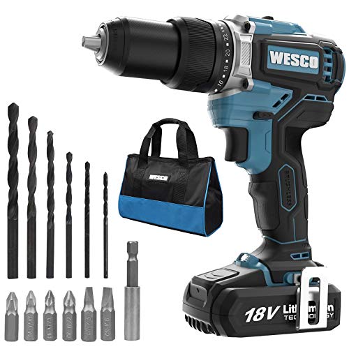 Bürstenloser Akkubohrer, WESCO 18V 2.0Ah Akku Bohrschrauber mit 18 Stück Bohrer-Bit, Max Drehmoment 60 N.m, Drehmomentstufen 22+1+1, 2-Gangschaltung,