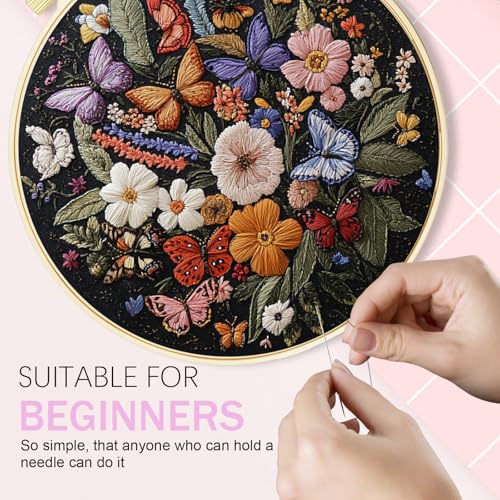 Image of Huacan Embroidery Kit for Beginners Adults Includes Stamped Flowers Butterfly Pattern, Hoop, Color Threads,Tools,Easy to Follow Instruction