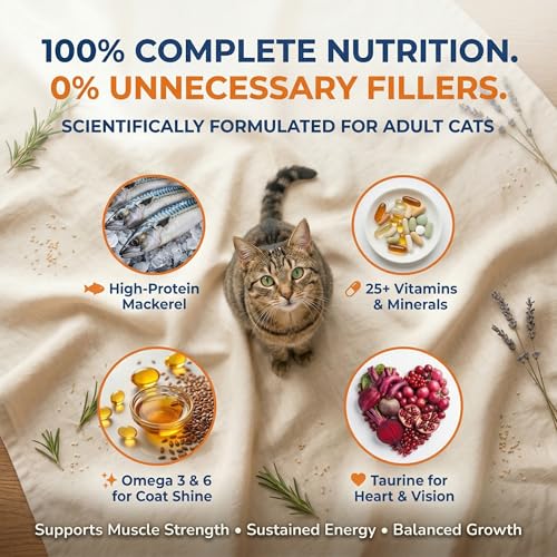 Image of Petcrux Dry Adult Cat Food, Mackerel Fish Flavor, with Omega 3 & 6 and Taurine, Complete & Balanced Nutrition for Adult Cats, 1 kg