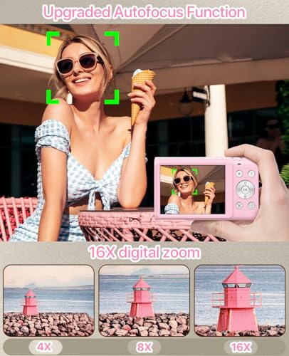 Image of Digital Camera, 4K Vlogging Camera for YouTube Autofocus Cameras for Photography with 16X Digital Zoom, 48MP Compact Point and Shoot Digital Camera for Teens Adult with 32GB SD Card, 2 Batteries-Pink