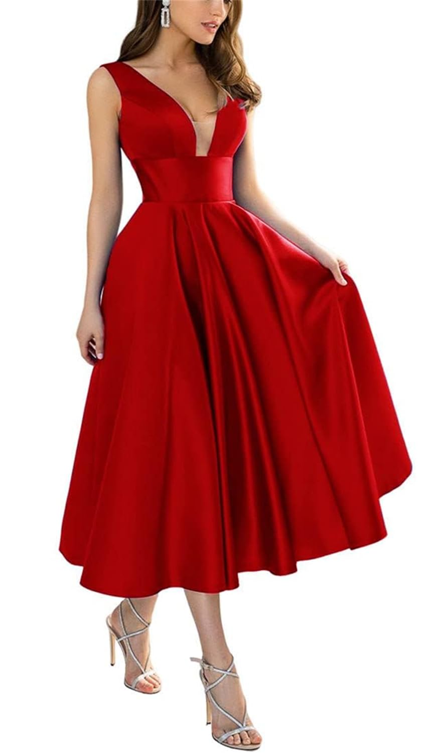 KURFACE Red Satin Dresses for Wedding Party A Line Tea Length Prom Dresses for Teens 2024 Corset Formal Gown UK8