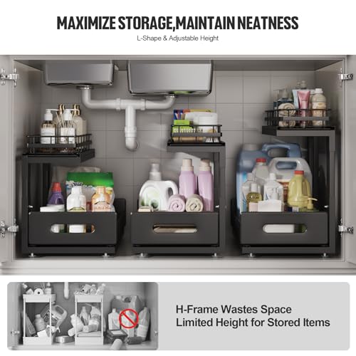 Image of Under Sink Organizer Upgrade To Professional Rails,2-Tier Dual Pull Out Cabinet Storage,Height Adjustable Slide Out Drawers For Bathroom Kitchen,2 Pack-14.5 inch Dx12.8-16.9 inch H,Black