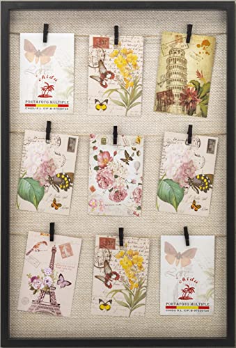 Solagua Cadre de Mur en Bois avec Support de Corde et de Petites Pinces à Linge décorées, Porte-Photo Vintage Clip (43 x 64cm, Noir)
