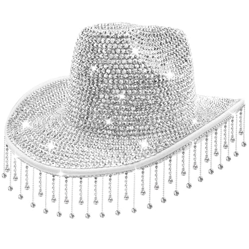 Licsaliwe Rhinestone Cowgirl Hat, Sun Protection Silver Rhinestone Cowboy Hat with Tassel, Bride Western with Adjustable Strap for Women, Wedding Party, Bachelorette