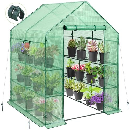 Image of EAGLE PEAK Walk in 3-Tier Greenhouse with Wire Shelves, Portable Indoor and Outdoor Green House with Roll-Up Zippered Door & 2 Roll Up Windows, 8 Shelves, 56 inchx56 inchx77 inch, Clear /Green PE Cover