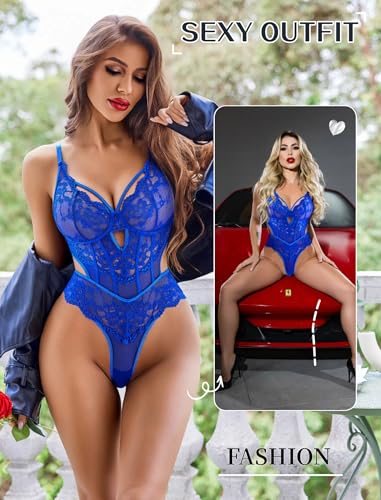 Image of Avidlove Sexy Lingerie for Women Lace Bodysuit Cut Out Snap Crotch Teddy | Seductive floral lace teddy, adjustable straps, scalloped edge, side cutouts, romantic date night wear