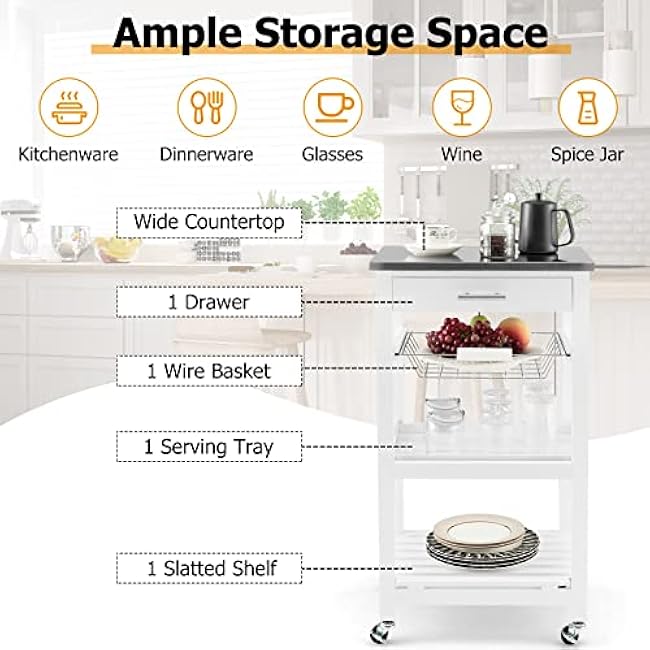 Kitchen Rolling Cart with Stainless Steel Table Top, Drawer, Metal Baskets & Wooden Tray, Wood Storage Cart on Wheels, Modern Serving Cart for Restaurant, Hotel (White)-0QFSERsv