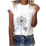 Masrin Damen T-Shirt Mode Feder Schmetterling Druck Tops O-Ausschnitt Kurzarm Pullover lässig einfarbig Tunika Bluse(M,Weiß9)
