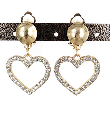 Gold Clip On earrings clear crystal heart pendant clips earrings lightweight non-pierced earrings