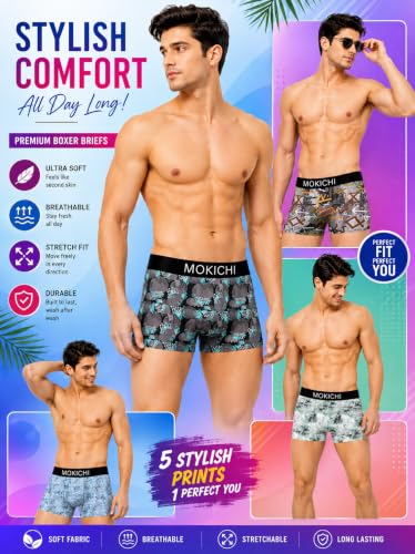 Image of Men's Printed Boxer Briefs for Comfortable Everyday Wear | Stretchable Trunks with Soft Waistband | Stylish Printed Innerwear for Men | Pack of 5