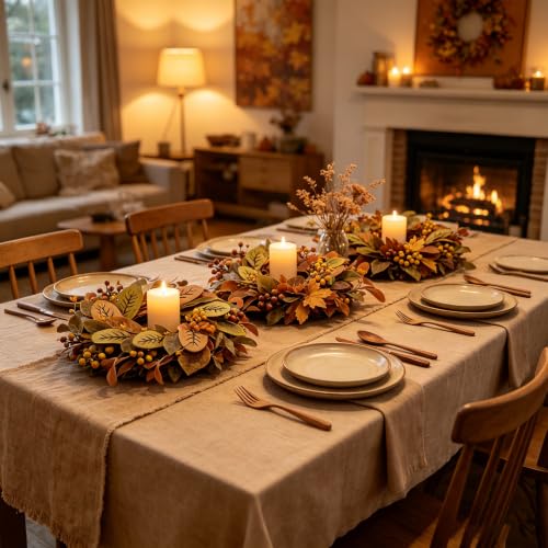 Image of 4 PCS Fall Eucalyptus Candle Ring Wreaths Autumn Wooden Leaves Candle Holder Rings with Berries Mini Thanksgiving Harvest Farmhouse Wreath for Pillar Candle Mantel Cabinet Home Table Centerpiece Decor