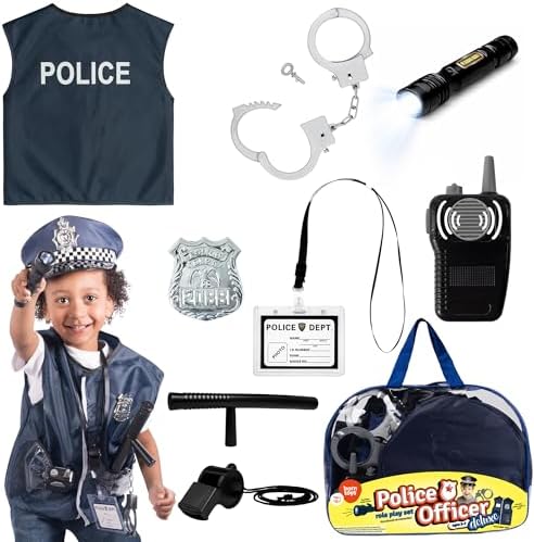 Born Toys 12 Pcs Police Costume for Kids with Toy Role Play Kit with Police Badge, Handcuffs,Kids Flashlight for Cop Costume, FBI,Detective,Swat, and Kids Dress-up Clothes