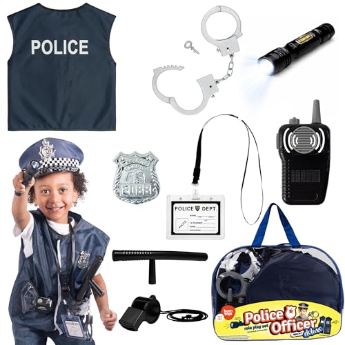 Born Toys 12 Pcs Police Costume for Kids with Toy Role Play Kit with Police Badge Handcuffs Kids Flashlight for Cop Costume FBI Detective Swat and Kids Dress-up Clothes