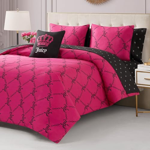 Juicy Couture Hot Pink/Black Link Logo Printed Comforter Set Queen Complete 8-Piece Bed in a Bag Collection
