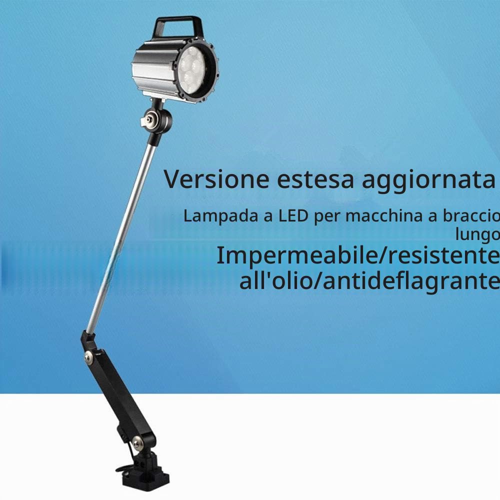 Lampada Pieghevole LED 7W IP67 Con Braccio Lungo - Impermeabile per Macchina Utensile CNC, Tornio - Braccio Prolungato in Alluminio Con Interruttore a Pulsante
