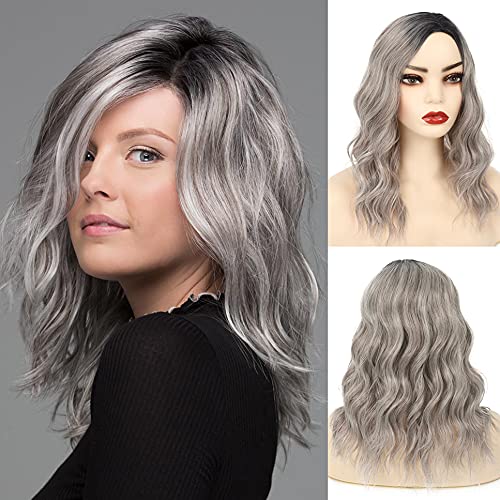 Baruisi Ombre Silver mixed Brown Wigs for Women Long Wavy Ombre Bob Wig Side Part Synthetic Heat Resistant Halloween Cosplay Wig 19"