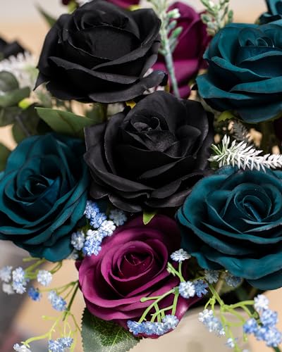 DuHouse 10pcs Fake Roses Artificial Silk Flowers Faux Rose Flower Long Stems Bouquet for Arrangement Wedding Centerpiece Party Home Kitchen Decor(Plum) image 3