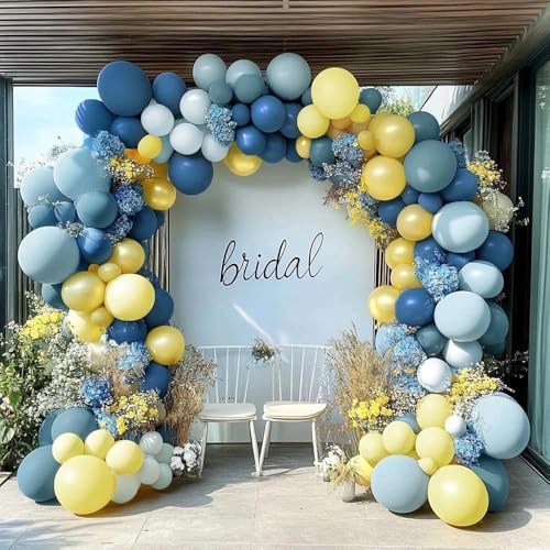 Kit arche de ballons bleu poussiéreux et jaune pour décoration de mariage
