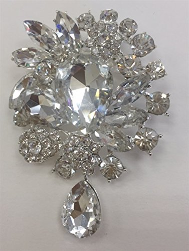 ModaTrims Crystal Rhinestone Brooch Pin (Clear Crystals, Silver Metal Frame, 3 inch x 2 inch) - BRO-040-SILVER - 1 PCS