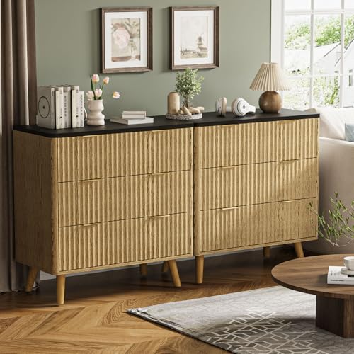 Image of BREEZEHEAT Modern 32 inch Fluted Nightstand Set of 2-Natural Wood Bedside Tables with 3 Drawers and Frosted Desktop, Large Night Stand-End Table for Large Spaces, Bedroom