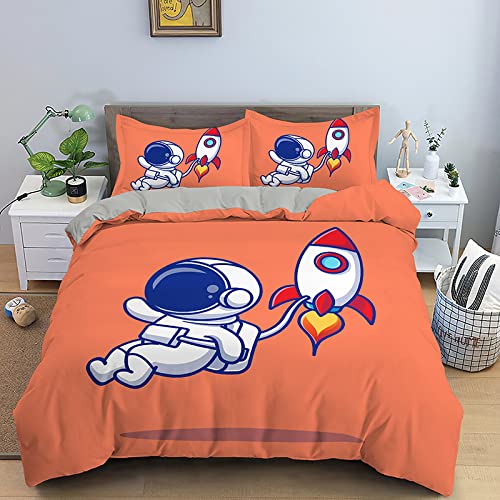 Funda Nordica Cama 90 Infantiles Astronauta Naranja Edredón Cama 90 para Niñas Niños con Cremallera Microfibra de Suave y Transpirable Fundas Nordicas 135x200 cm + 2 Fundas de Almohada 50x80 cm