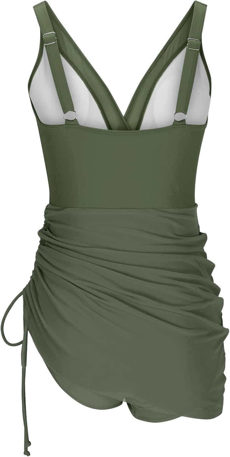 One Piece Swimsuit Women Tummy Control Swim Dress Slimming Mesh V Neck Full Coverage Bathing Suits - Image 5