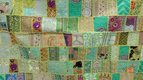Image of Ekam Art Rajasthani Handmade Embroidery Cotton Patchwork Tapestry Cotton Wall Decor Hanging Beaded Tapestries 40 x 60 Inch (Light Green)