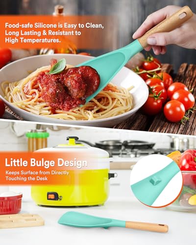 Image of Cooking Spoon And Rice Scooper for Nonstick Cookwares, Great for Cooking and Serving Durable BPA-Free Matte Silicone, Wood Handle Spoon for Mixing, Scoop, and Scrape