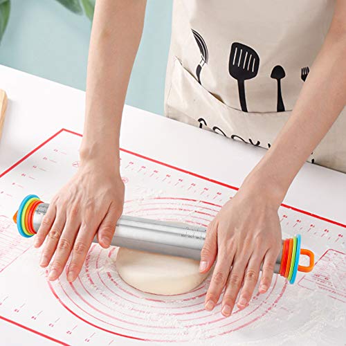 Rolling Pin, ENLOY Stainless Steel Adjustable Roller Pin with 4 Removable Thickness Rings and Silicone Red Pastry Mat for Baking Dough, Pizza, Pie, Pastries, Pasta, Cookies
