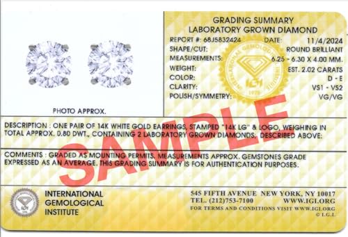 Image of IGI Certified 1 to 10 Carat D-E Color and VS1-VS2 Clarity Lab Grown Diamond Stud Earrings for Women I 14k White Gold Earrings for Her I Secure Screw Back Made in USA by Beverly Hills Jewelers