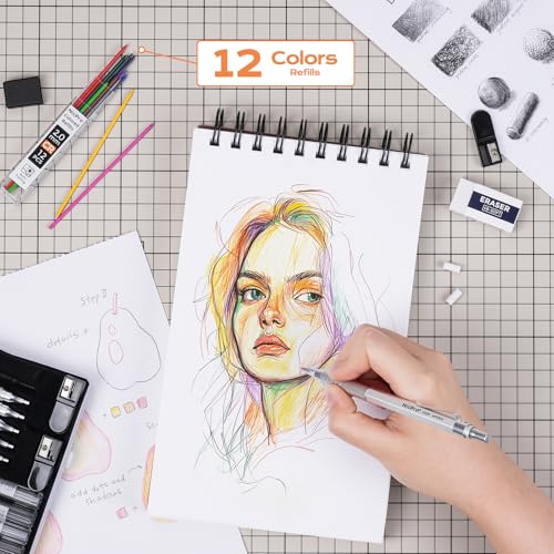 Nicpro Metal Mechanical Pencil Set, 5 PCS Art Drafting Pencils 0.3, 0.5, 0.7, 0.9 mm & 2mm Graphite Lead Holder For Sketching Drawing With 9 Tubes (4B 2B HB 2H Colors) Lead Refills Erasers Case by Nicpro - Image 4