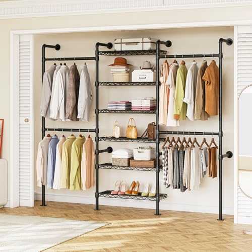 H3 Wall Mounted Closet System, Expandable Industrial Pipe Clothes Rack Clothing Rack for Hanging Clothes, Heavy Duty Closet Organizers and Storage in Wardrobe Closet, Black