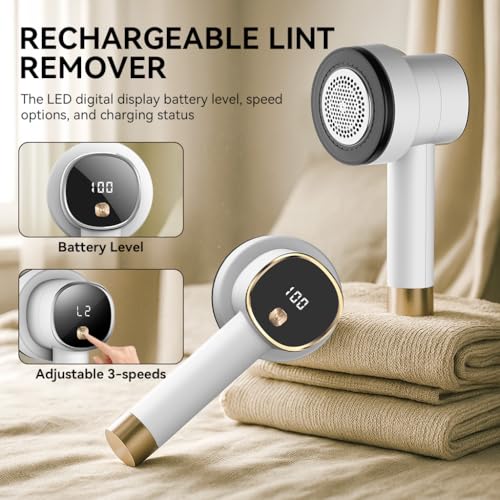 Fusselrasierer Elektrisch mit Cable USB- Aufladbar Fusselentferner mit 6 Edelstahlklingen,3 Geschwindigkeiten,LED-Anzeige,Lint Shaver für Kleidung Sofa Wolle (Weiß)