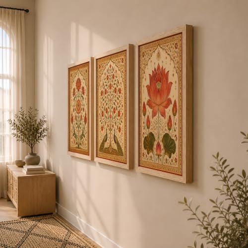 Image of NoWorries Lotus Peacock Wall Art Set of 3 Framed Prints | Indian Traditional Floral Botanical Painting, Royal Rajasthani Lotus Poster, Vintage Ethnic Wall Decor for Living Room Bedroom Home (Synthetic Engineered Wooden Frame) (Synthetic Engineered Wooden Frame) (MIN -9,17x25 inches)